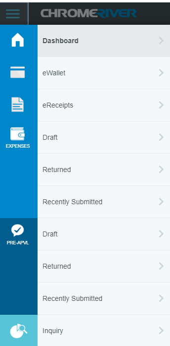 Screen shot of Chrome River dashboard with the following options in descending order: Dashboard, eWallet, eReciept, Draft, Returned, Recently Submitted, Draft, Returned, Recently Submitted, and Inquiry. 